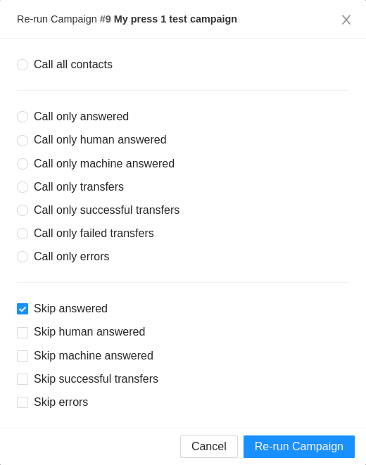 Call filters for Campaign Re-run