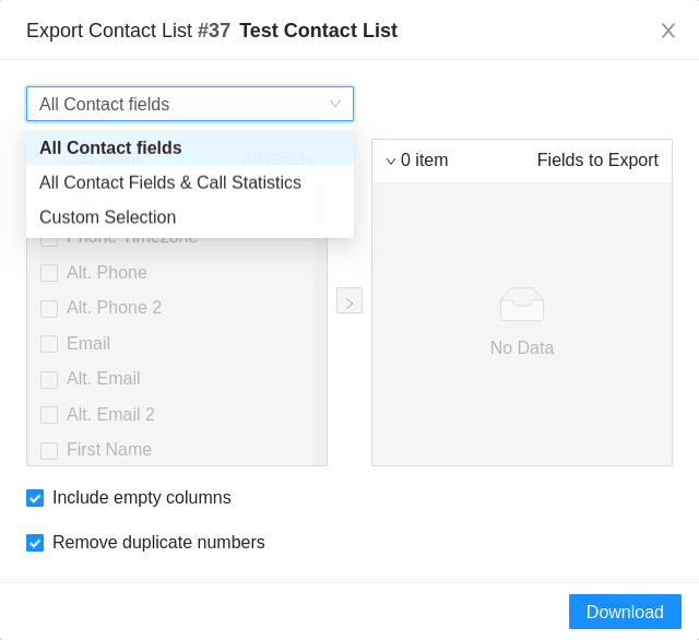 Export list dialogue